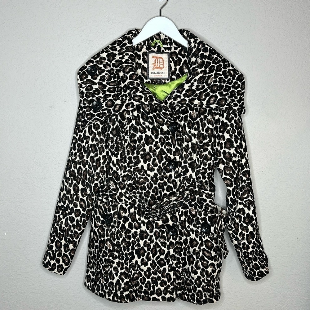 Dollhouse Hooded Cheetah Print Pea Coat Jacket Size‎ Large Belted Shawl Collar